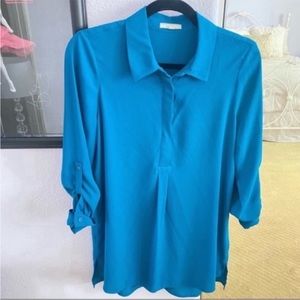 Brand New Women’s Deep Blue Pleione Cuffed Sleeve Collared Blouse Small